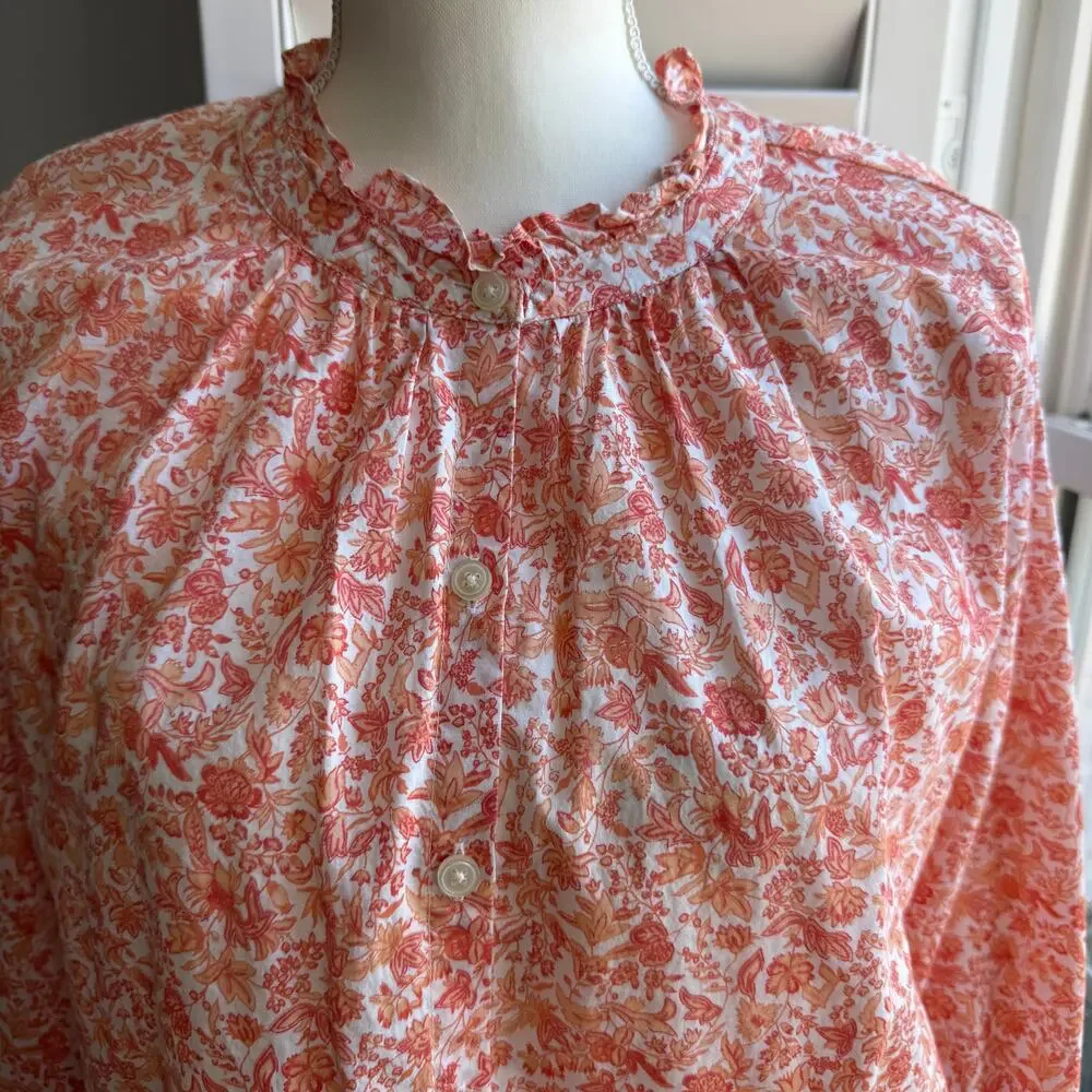 LOFT Peach Orange Floral Ruffle Neck Peasant Blouse Size Medium Petite - Picture 6 of 11